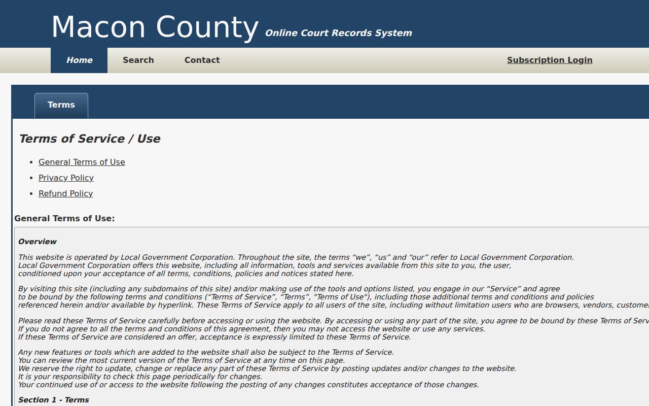 Macon County warrant search, court portal accuracy and data-change terms
