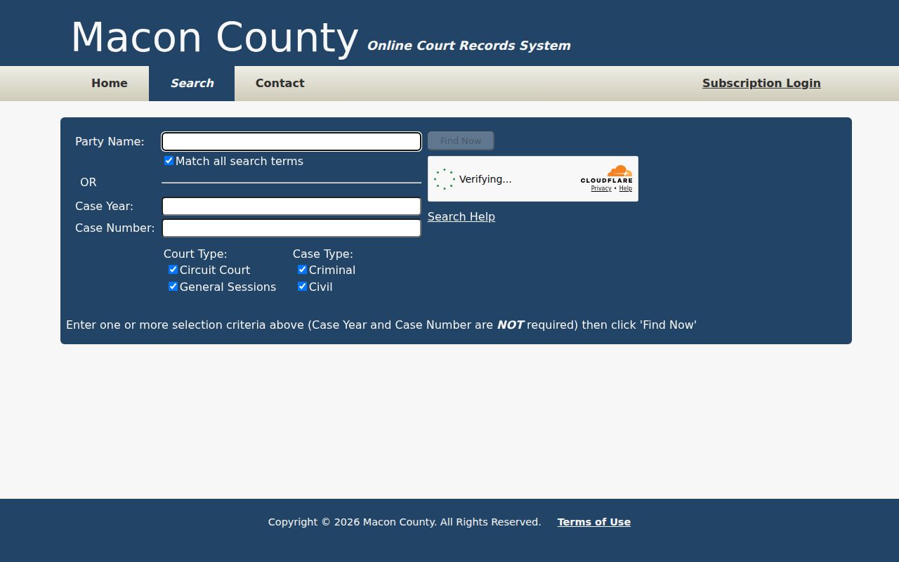 Macon County warrant check, court-search controls
