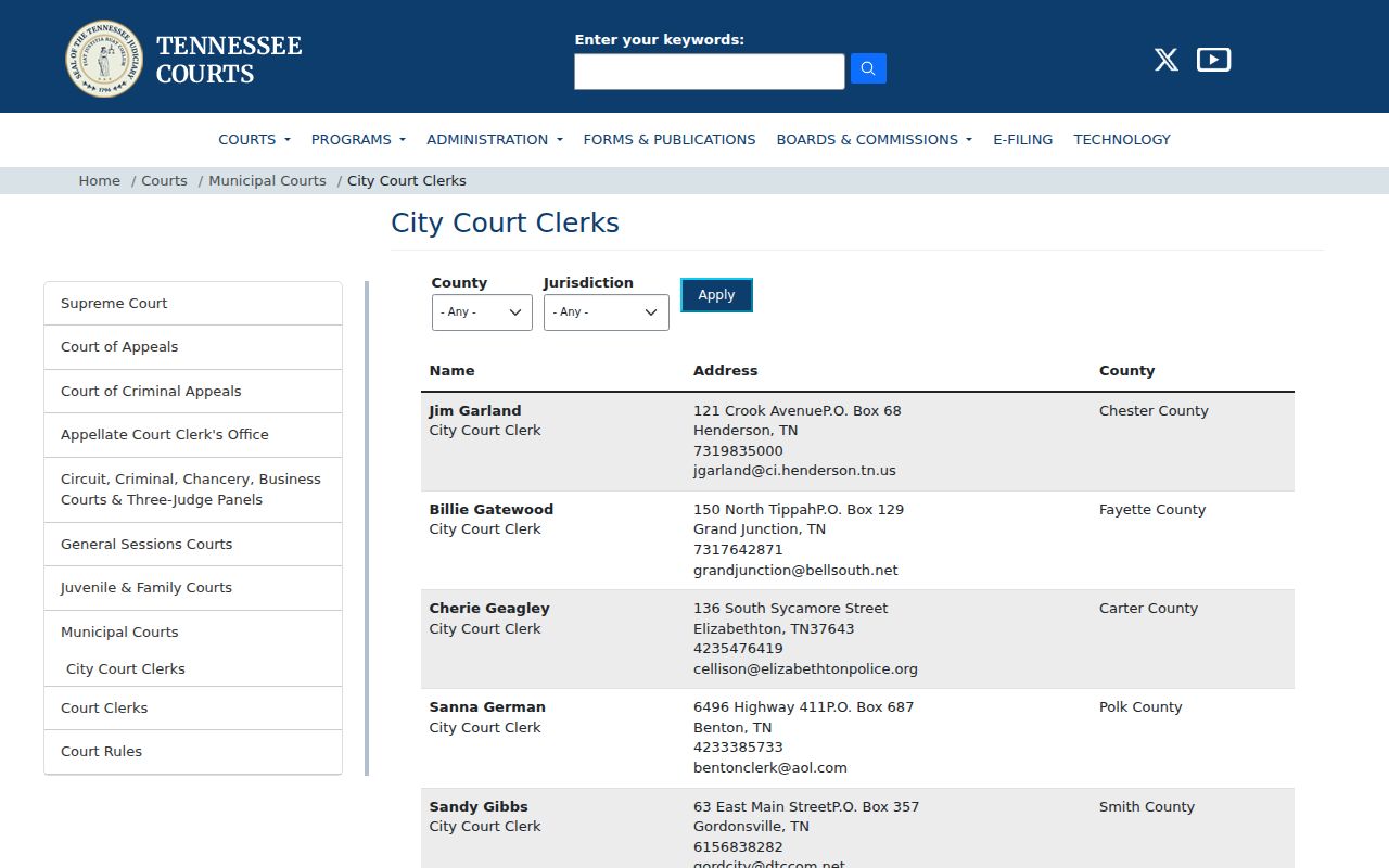 Lafayette warrant records, Tennessee AOC city court clerk directory entry