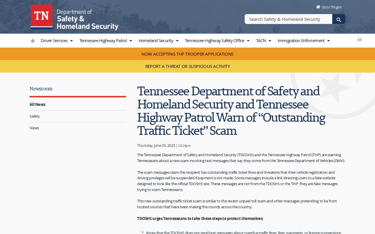 Macon County traffic warrant guidance, Tennessee warning about fake ticket texts